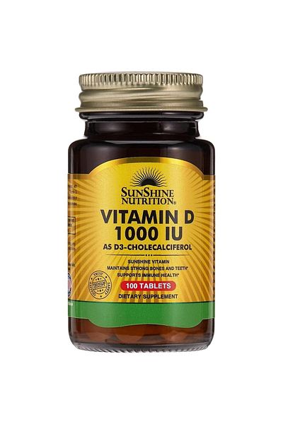 Sunshine Nutrition التغذية فيتامين د 1000 وحدة دولية، مدعم بفيتامين د3 كوليكالسيفيرول - 100 قرص