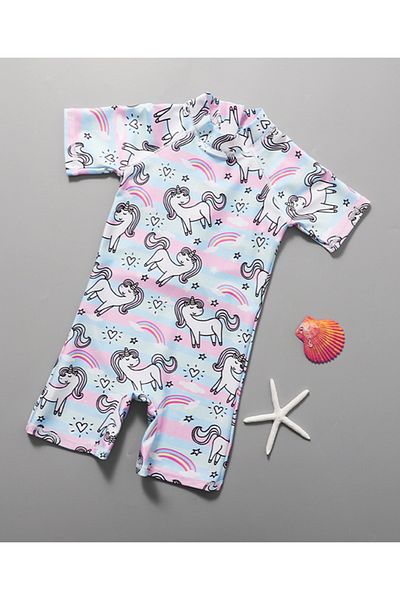 SAPS SAPS All Over Unicorns Printed Quick Drying Legged Swimsuit - Blue/Pink