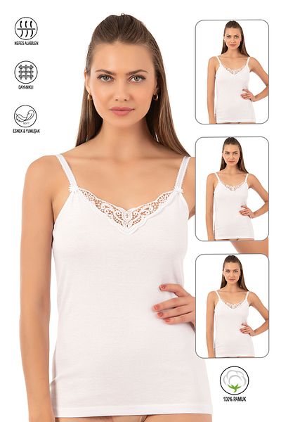 ÖZKAN underwear Özkan 0110 3-pack قميص داخلي نسائي مضلع 100% قطن مزين بأربطة ومرن ومريح ورفيع