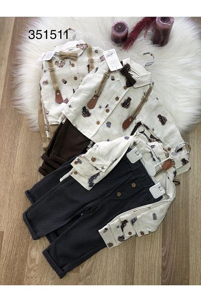 Retro Women Boys Linen Cotton Bow Tie Suspender Pattern Shirt Pants Stylish Suit