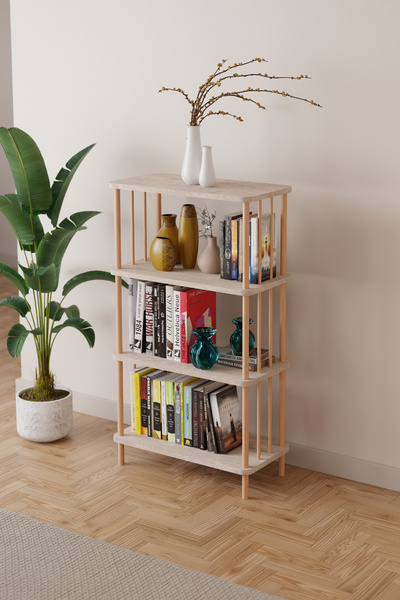 EGEMODÜLER Dekoratif 4 Raflı Parmaklıklı Kitaplık Ahşap Kitaplık Ofis Rafı Ki...