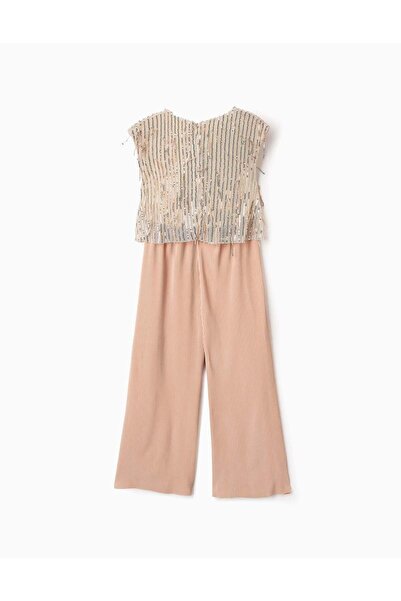 Ziddy Pleated Jumpsuit with Sequins for Girls, Beige/Gold