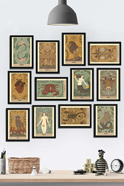 Tontilika Çerçeve Görünümlü Burçlar Astroloji Temalı Mdf Tablo Seti (80x80 Cm...