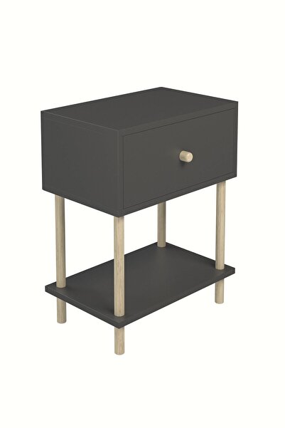 PEKA Düşer Kapaklı Raflı Modern Komodin Yatak Odası Başucu Düzenleyici Ahşap Ayaklı Yan Sehpa - Antrasit
