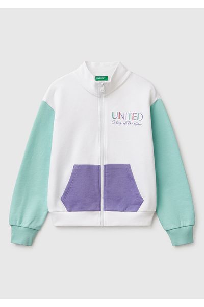 United Colors of Benetton Girl's White Mix Glitter Benetton Logo Embroidered Zipper Sweatshirt