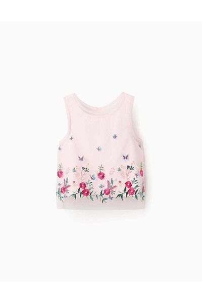Ziddy Tulle Top with Colourful Embroideries for Girls, Pink