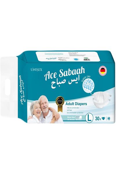 Ace Sabaah Adult Diaper, Size Large, Waist 100-150cm, Pack of 30