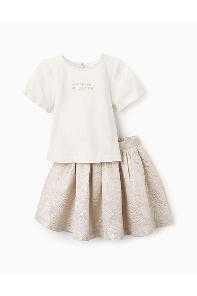 Ziddy T-shirt + Textured Skirt for Girls, White/Gold