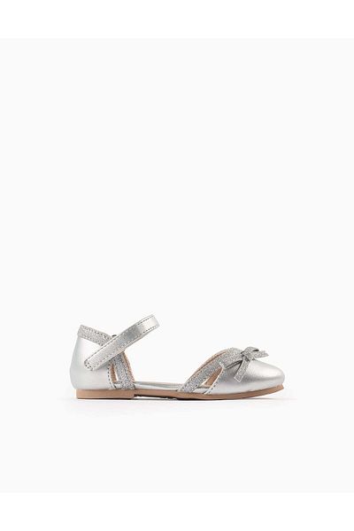 Ziddy Glitter Ballerina Flats with Bow for Baby Girls, Silver