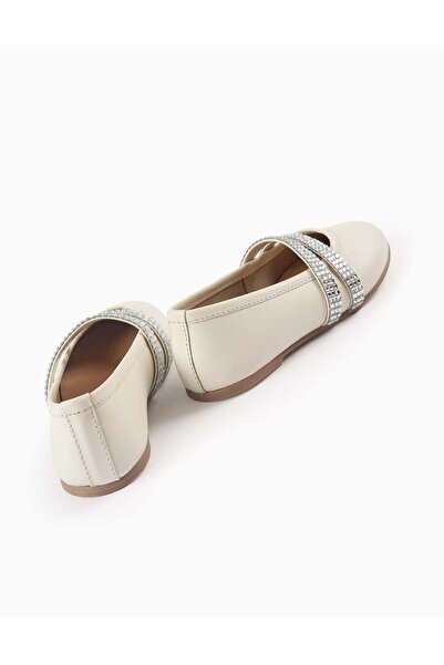 Ziddy Ballerina Flats with Strass Straps for Girls, White/Silver