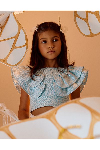 Ziddy Shiny Top with Pattern and Ruffles for Girls, Blue