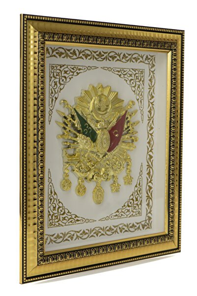 Ottoland Home islami Tablo 37*34 cm Osmanlı Devlet Arması Kabartmalı Önü Cam Tarih Desenli Gold