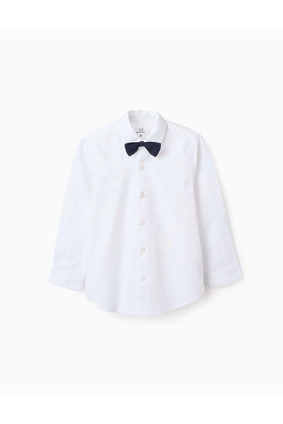 Ziddy Cotton Shirt with Bow for Boys, White/Dark Blue
