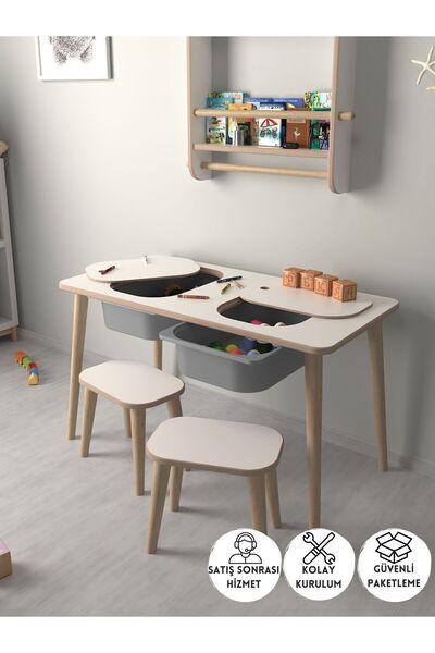 PEKA Çocuk Oyun Ve Aktivite Masası - 2 Tabure - Gri Sepetli