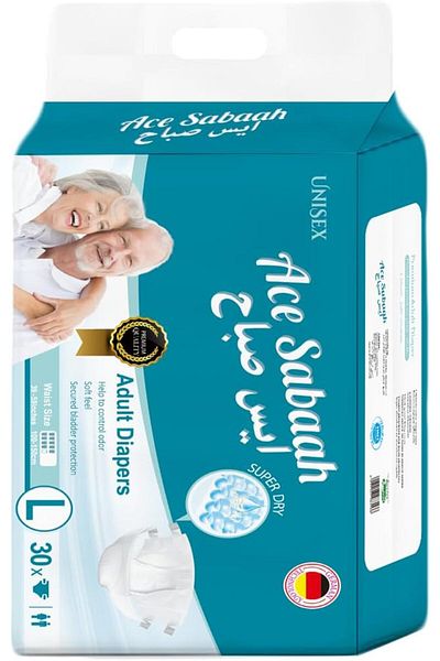 Ace Sabaah Adult Diaper, Size Large, Waist 100-150cm, Pack of 30