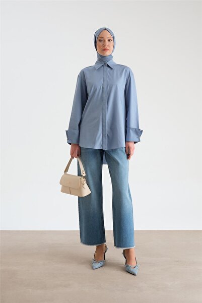 Armine Manşeti Halkalı Oversize Gömlek 24y3520 Gri Mavi