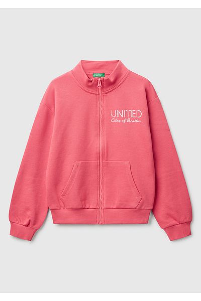 United Colors of Benetton Hanorac pentru fetiță, fucsia, cu sclipici, cu logo Benetton, brodat cu fermoar