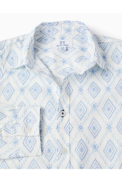 Ziddy Cotton Shirt with Pattern for Boys, White/Blue