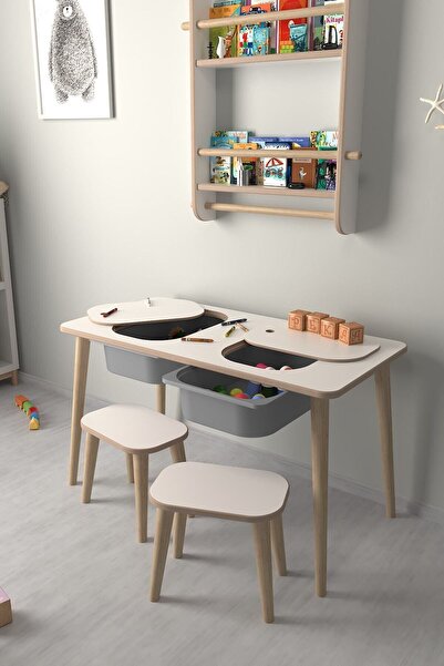 PEKA Çocuk Oyun Ve Aktivite Masası - 2 Tabure - Gri Sepetli