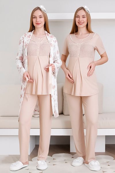 ERDENİZ TEKSTİL Melisa Pajamas-Dressing Gown Set |   Short Sleeve, Front Buttoned Maternity Instant Set