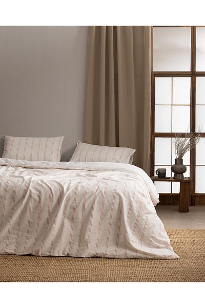 Madame Coco King Size Linda Striped 100% Cotton Washed Seersucker Duvet Cover Set - White/Coral