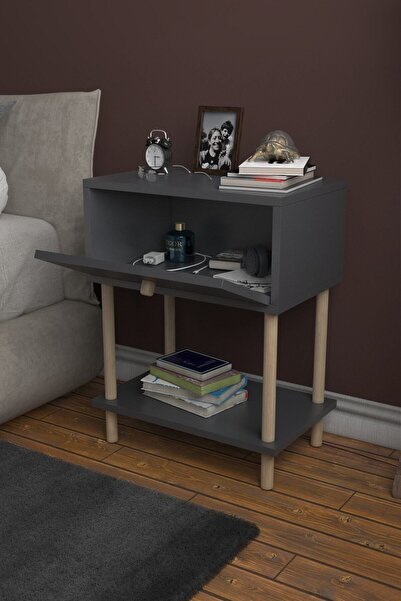 PEKA Düşer Kapaklı Raflı Modern Komodin Yatak Odası Başucu Düzenleyici Ahşap Ayaklı Yan Sehpa - Antrasit