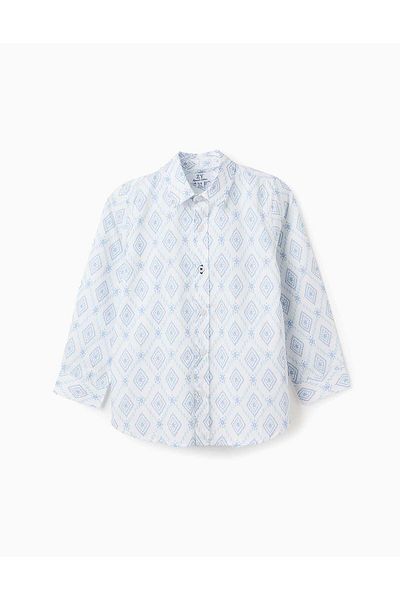 Ziddy Cotton Shirt with Pattern for Boys, White/Blue