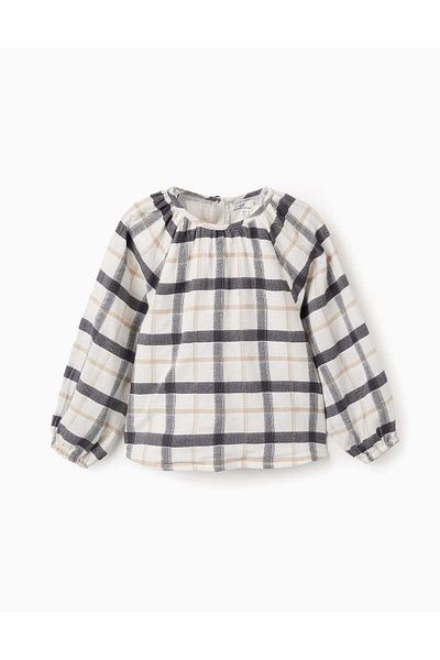 Ziddy Cotton Checked Blouse for Girls 'B&S', White/Beige/Grey