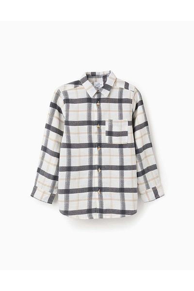 Ziddy Cotton Shirt with Check for Boys 'B&S', White/Grey/Beige