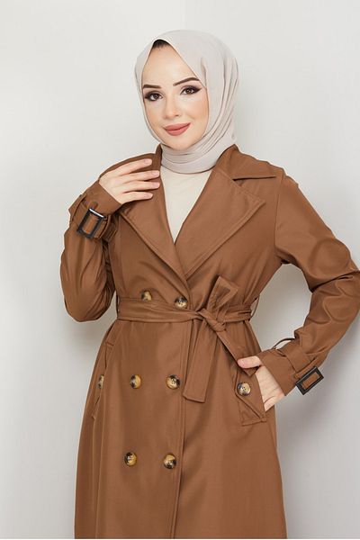 InStyle Double Breasted Collar Belted Lined Tan Trench Coat