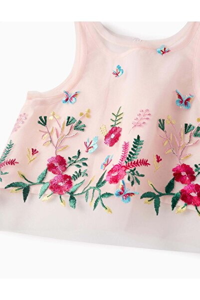 Ziddy Tulle Top with Colourful Embroidery for Baby Girls, Pink