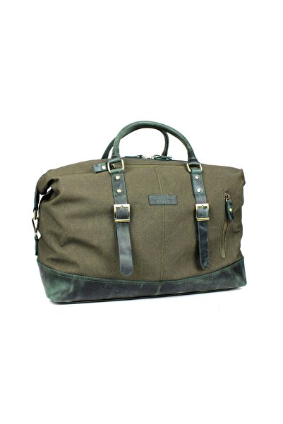 deri,se club 1993 Unisex Hakiki Deri Kanvas Haki Renk Seyahat Ve Spor Çantası...