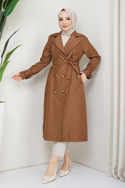 InStyle Double Breasted Collar Belted Lined Tan Trench Coat