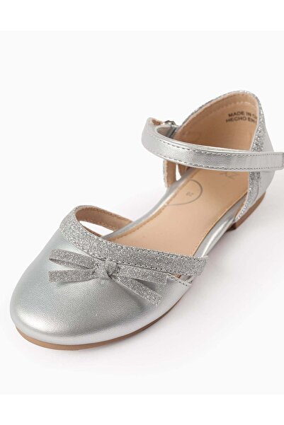 Ziddy Glitter Ballerina Flats with Bow for Girls, Silver