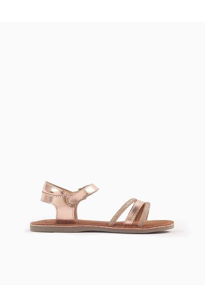 Ziddy Leather Sandals with Strass for Girls, Gold Pink