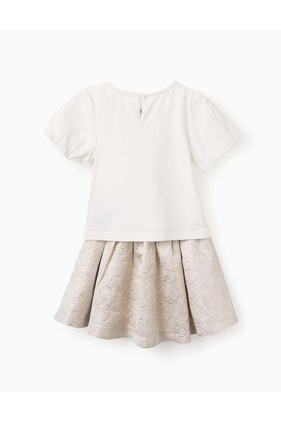 Ziddy T-shirt + Textured Skirt for Girls, White/Gold