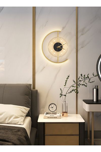 sharpdo Bedroom Bedside Light Luxury Creative LED Clock Wall Lamp, 3 Color Lights Can Be Adjusted