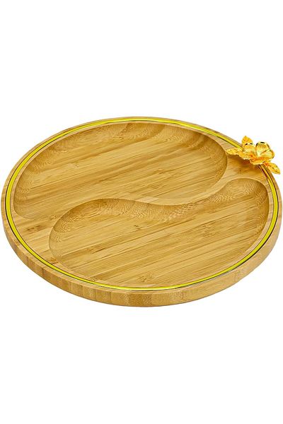 Winds Trading Wooden Snack Plate, 2 Partition, Round Bamboo Divider Tray with Flower Gold Pendant, 30cm