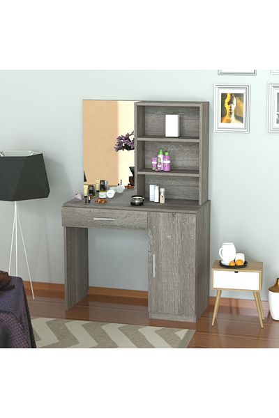 Mahmayi Modern Dresser With Vanity Mirror and Open Shelves Ample Leg Room-Grey Brown whiteriver Oak