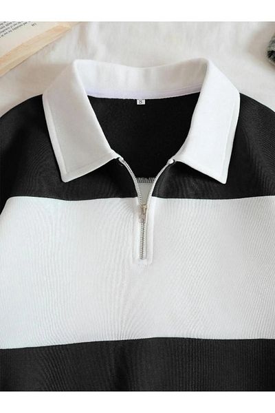 NO 601 Unisex Black - White 5 Piece Half Zipper Stand Collar Patternless Sweatshirt