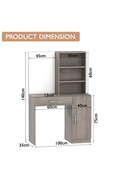 Mahmayi Modern Dresser With Vanity Mirror and Open Shelves Ample Leg Room-Grey Brown whiteriver Oak