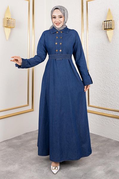 Modamihram Rochie din denim - Detaliu cu nasturi - Albastru închis, Model Nr. 19366