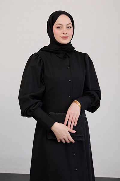 InStyle Buttoned Trikoton Black Dress