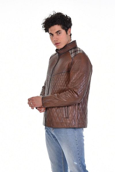 DeriWork Genuine Leather Zippered Diamond Patterned Men's Leather Jacket Brown