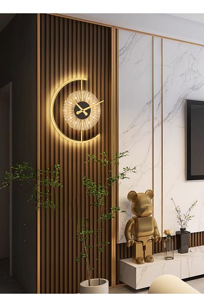 sharpdo Bedroom Bedside Light Luxury Creative LED Clock Wall Lamp, 3 Color Lights Can Be Adjusted