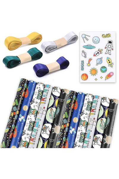 COOYA Kids Alien Outer Space Dinosaur Gift Wrapping Paper Set, 12 Sheets with Ribbons & Stickers
