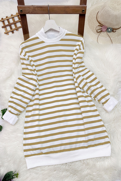 MODAQU Csíkos pulóver tunika - teve