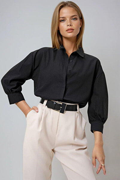 VAGGON Women's Black Balloon Sleeve Hidden Placket Woven Shirt Prm0722