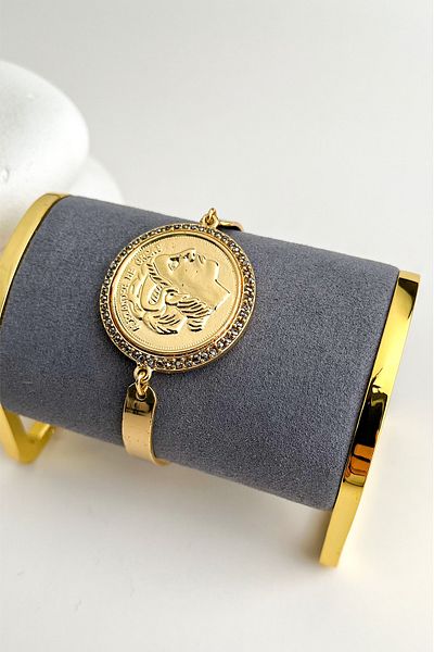 Modex Gold Color Medallion Figured Marcasite Stone Bracelet (18cm)