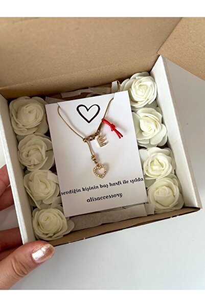 Alis Accessory Özel güllü kutuda harfli kalp kolye sevgili hediyeleri